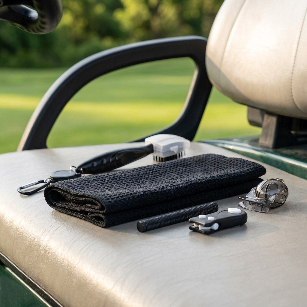 Golf cleaning kit towel brush and divot tool on a golf cart
