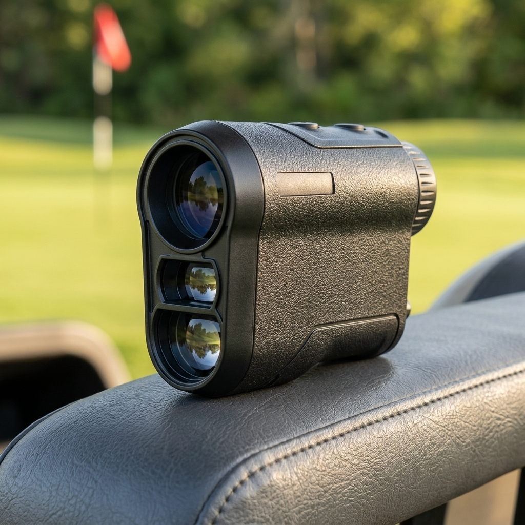 Golf rangefinder resting on a golf cart on the course