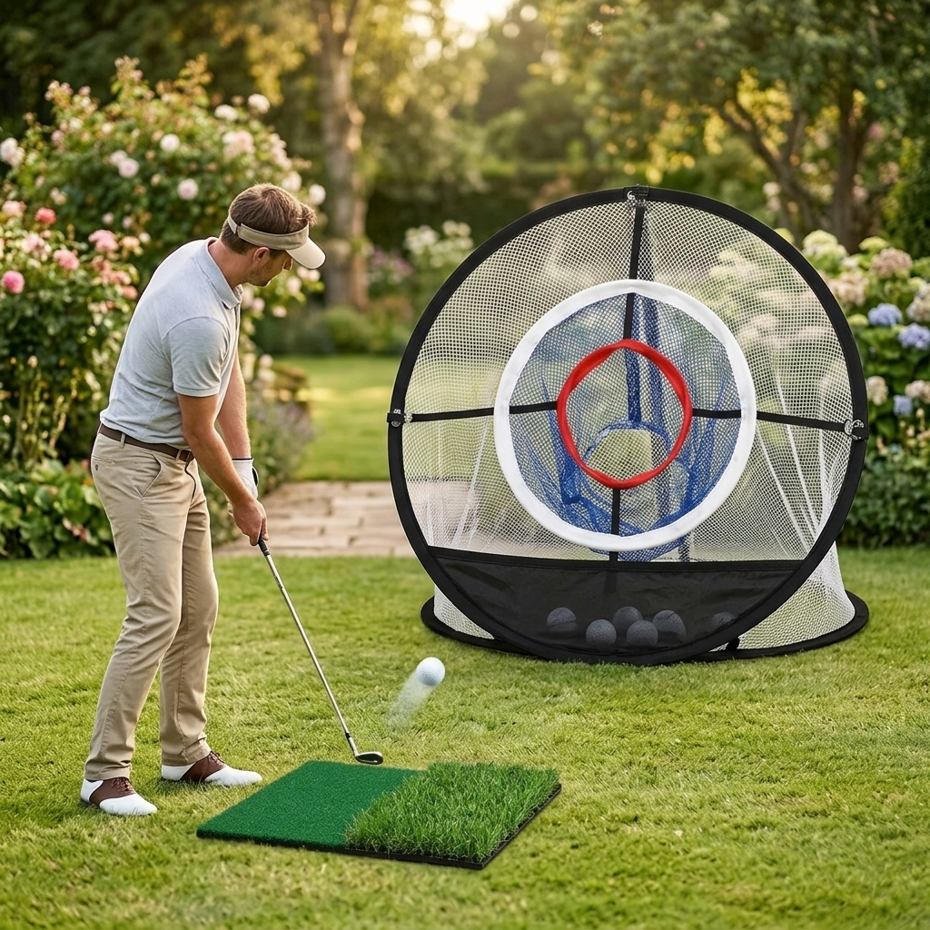 Golfer chipping into a pop-up net in the garden