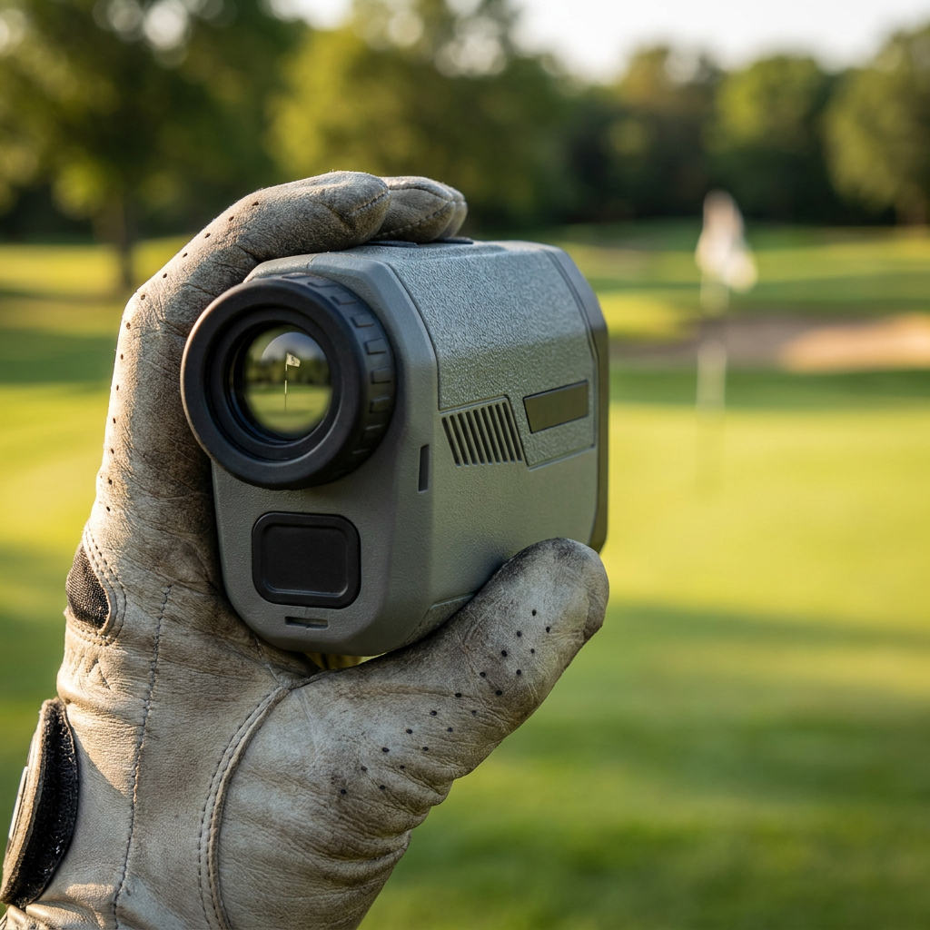 Golfer ranging a flag with the laser rangefinder