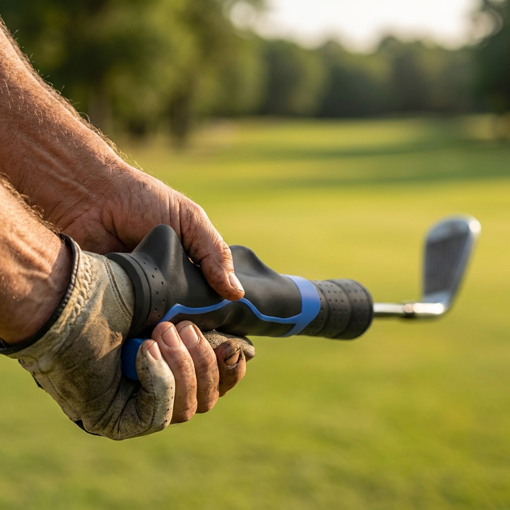 Golfer using a grip training aid on a club