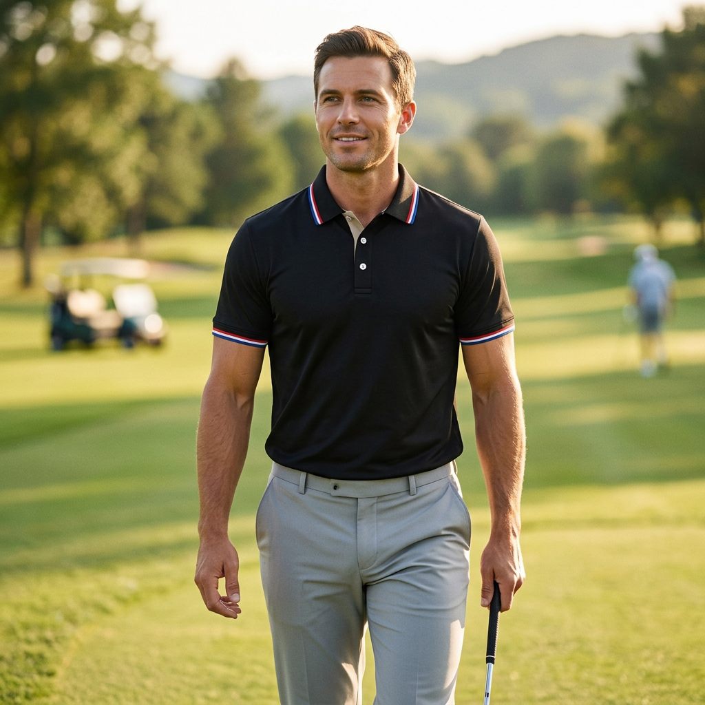 Golfer wearing a breathable golf polo on the fairway