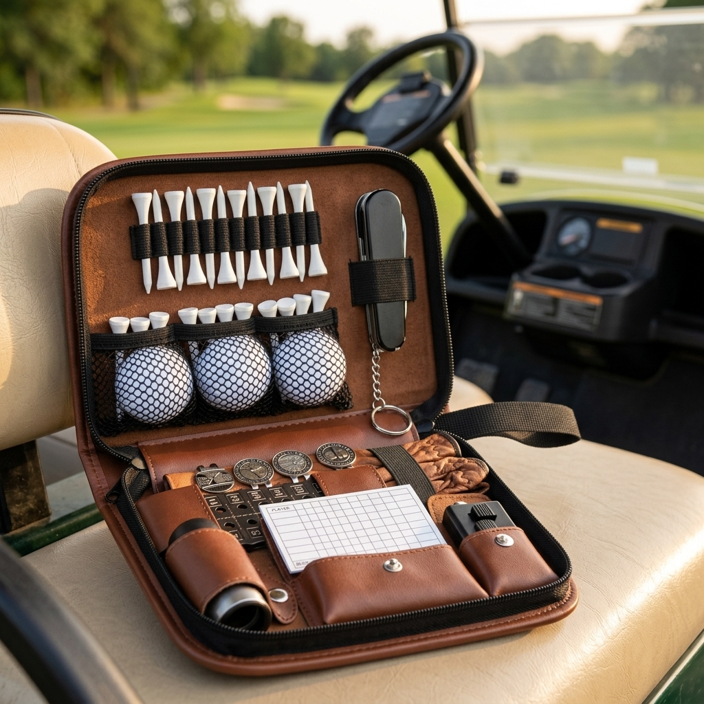 Open golf accessories organiser case on a golf cart