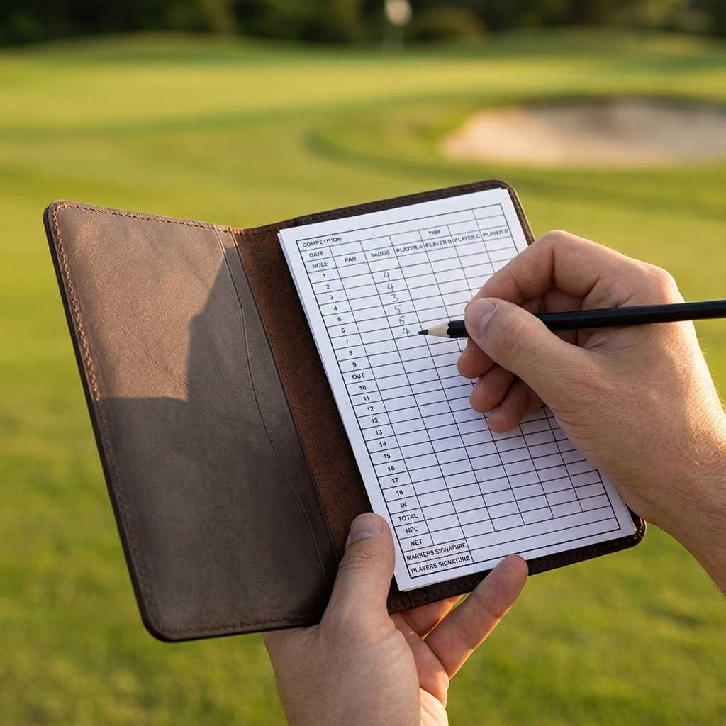 Open leather scorecard holder being written on at the course