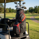 14-divider golf cart bag strapped to a cart on the course