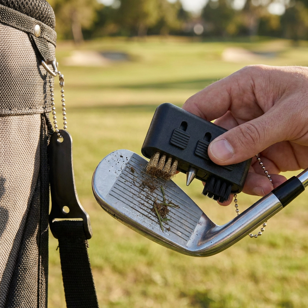 3-in-1 golf cleaning brush clipped to a bag cleaning a club