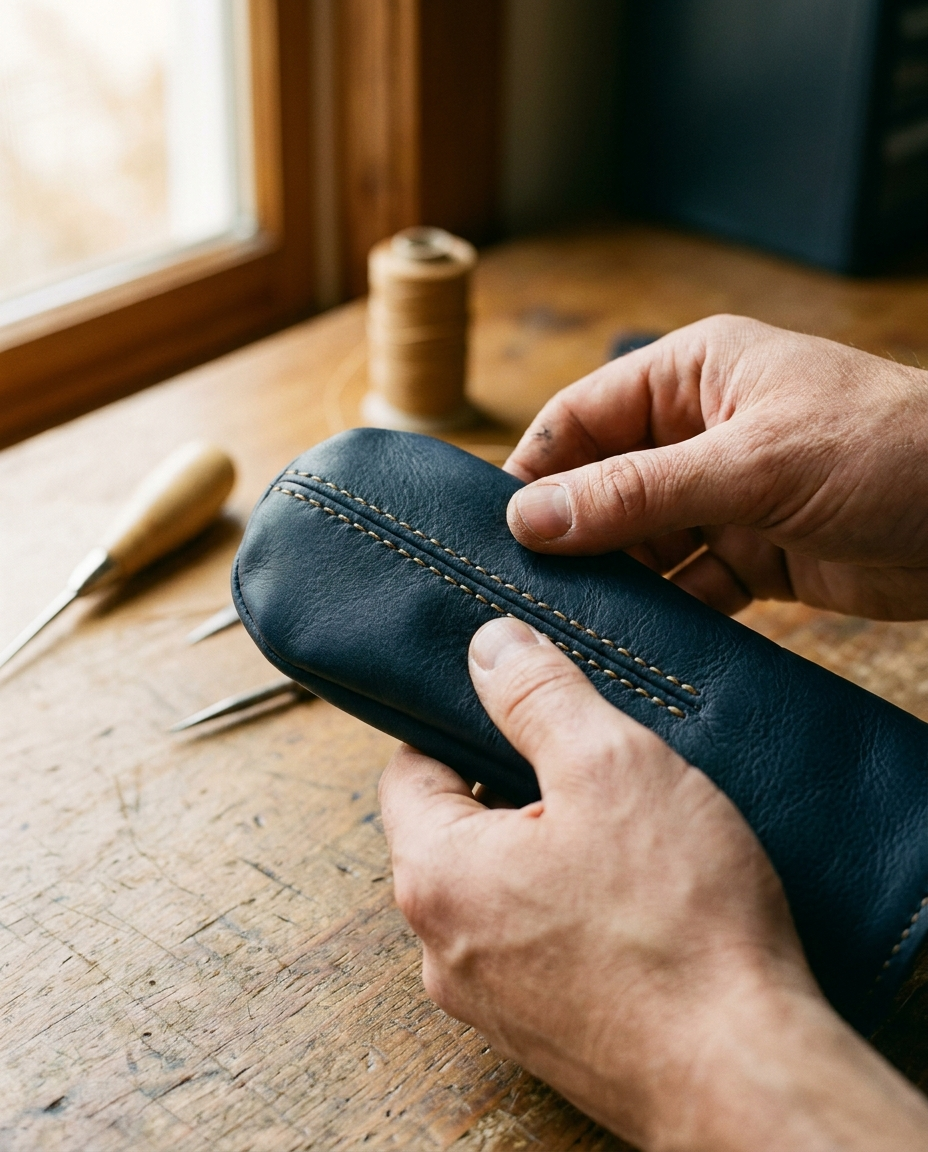 Hands inspecting the stitching of a navy leather headcover