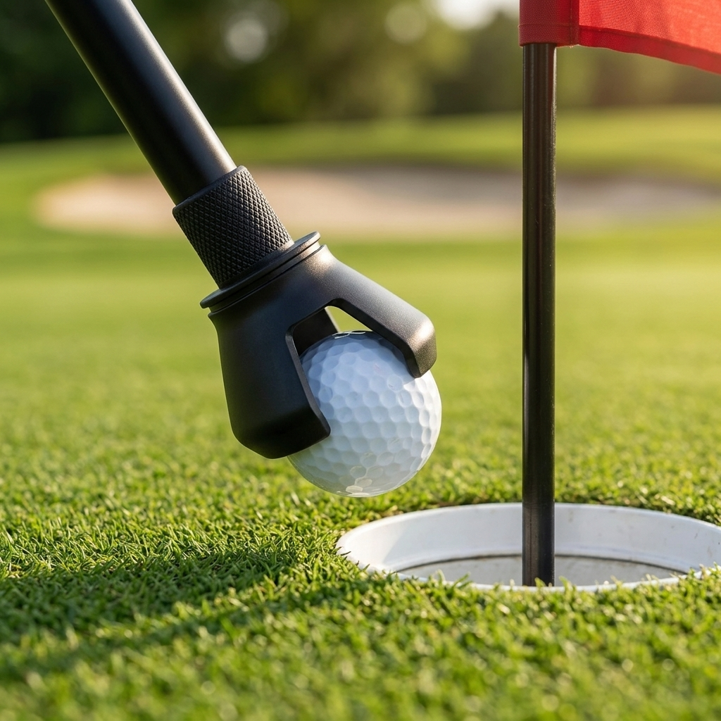 Ball retriever grabber lifting a golf ball from the hole