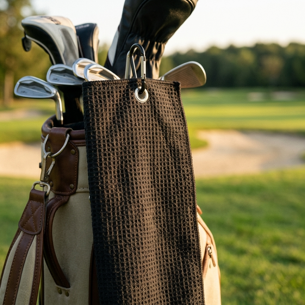 Black waffle golf towel clipped to a bag on the course