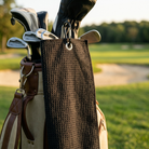 Black waffle golf towel clipped to a bag on the course