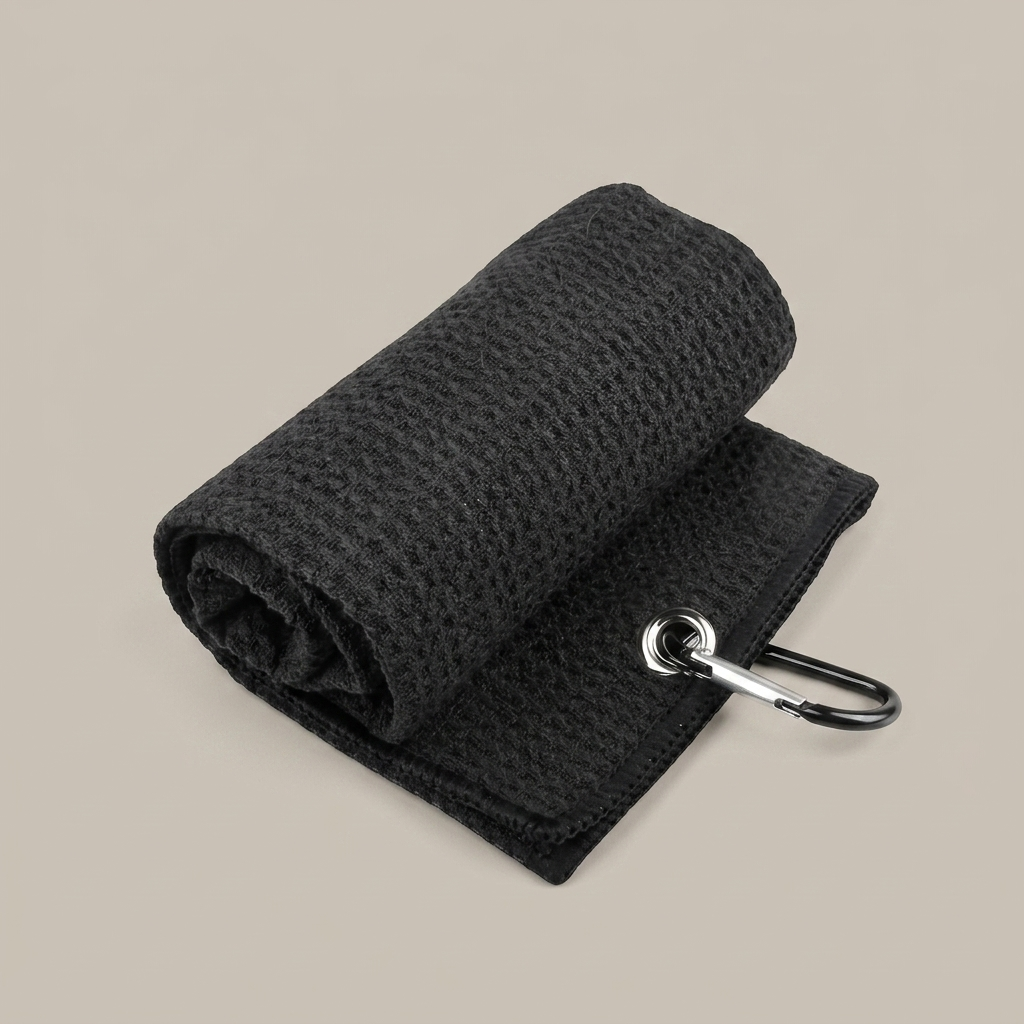 Black waffle golf towel studio product shot