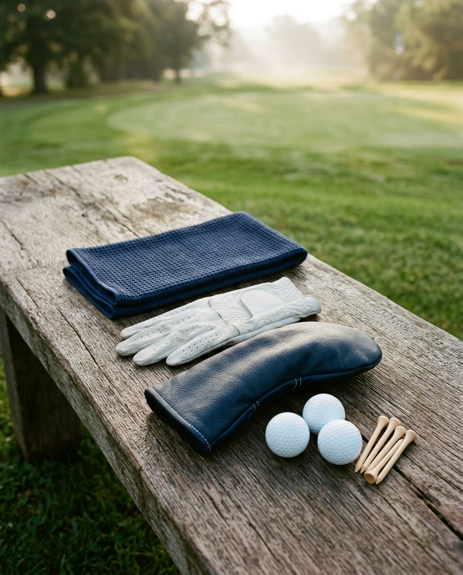 Golf accessories arranged on an oak bench