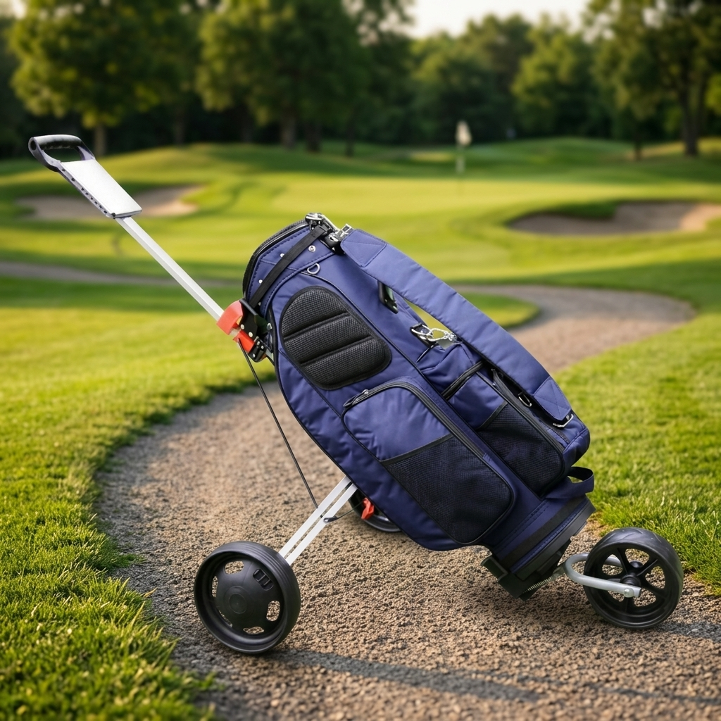 Foldable golf push trolley with a bag on the fairway