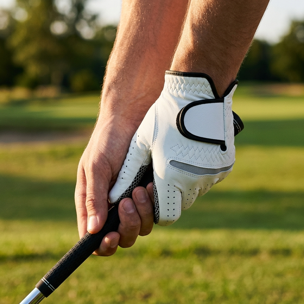Gloved hand gripping a club at address on the course
