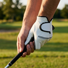 Gloved hand gripping a club at address on the course