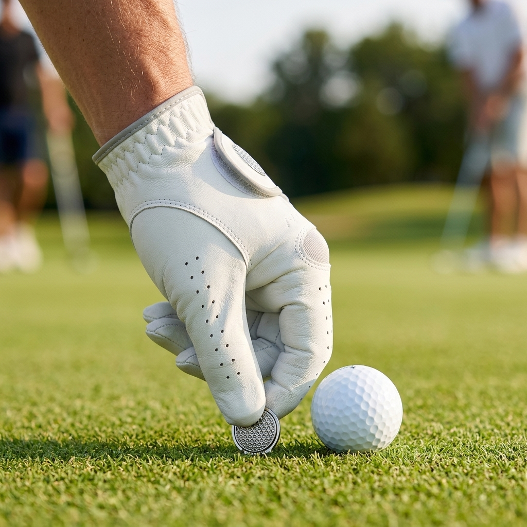 Gloved hand placing a magnetic ball marker on the green