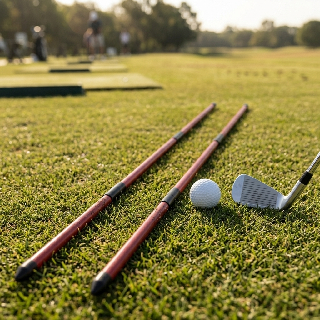 Golf alignment sticks laid on the range pointing at target