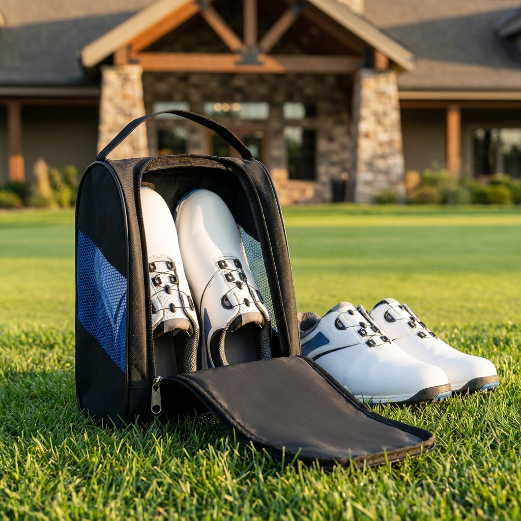 Golf shoe bag beside golf shoes at the clubhouse