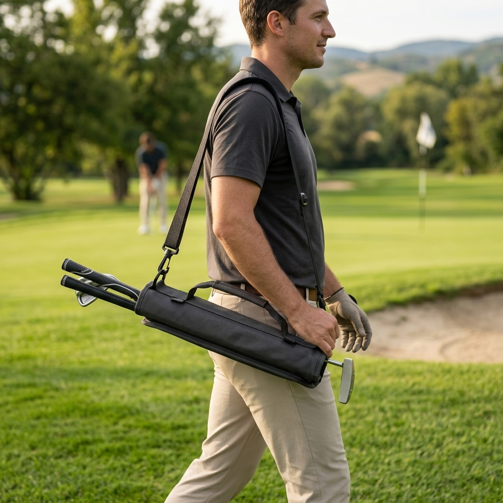 Golfer carrying a lightweight mini golf bag on a par-3