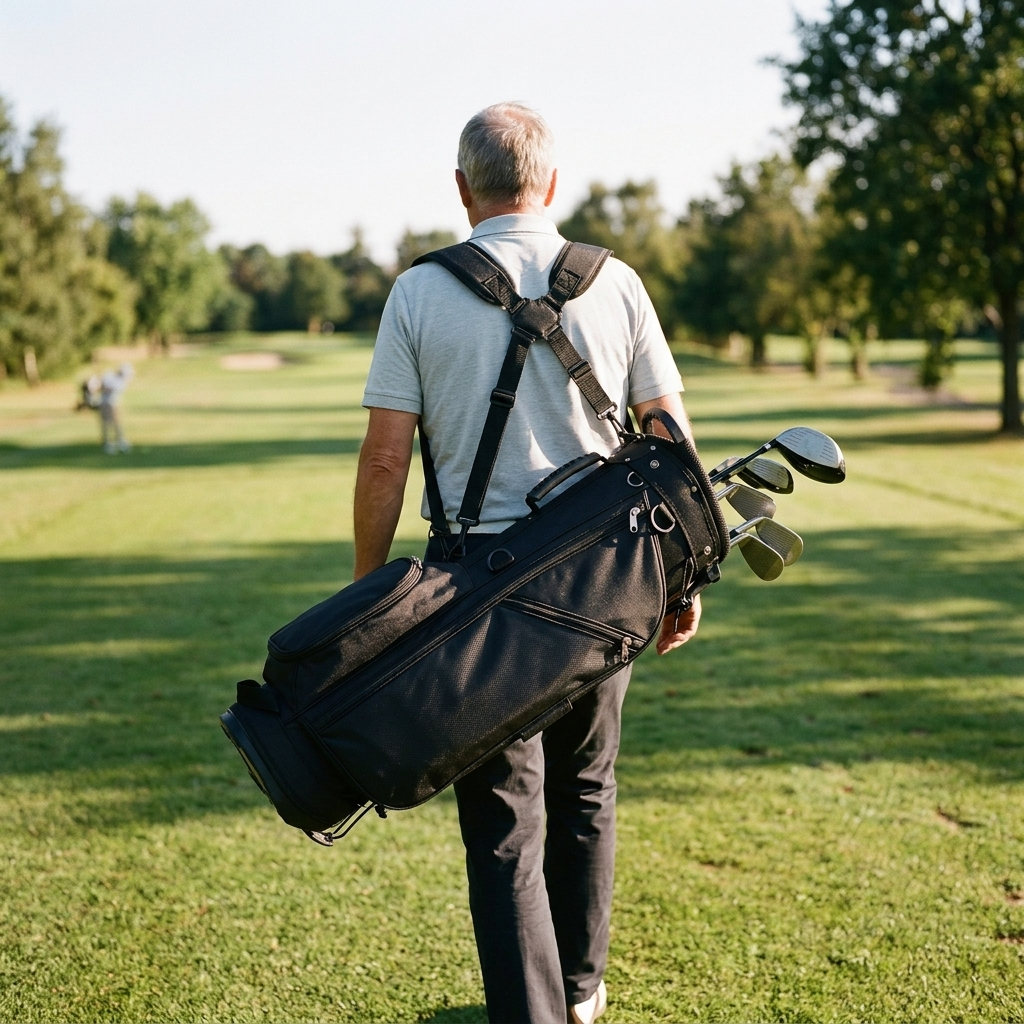Golfer carrying a lightweight sunday bag on the fairway