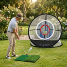 Golfer chipping into a pop-up net in the garden