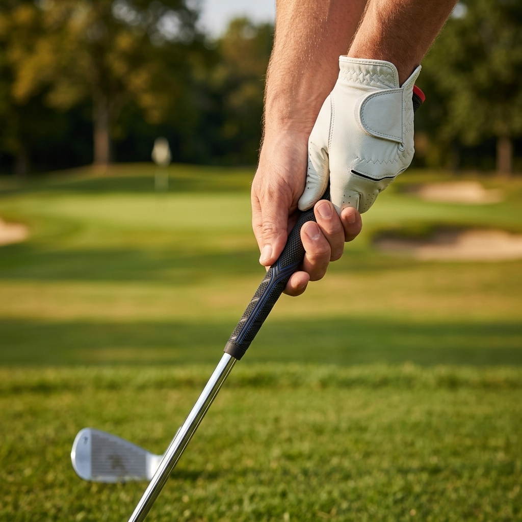 Golfer gripping a club fitted with a black grip on the fairway