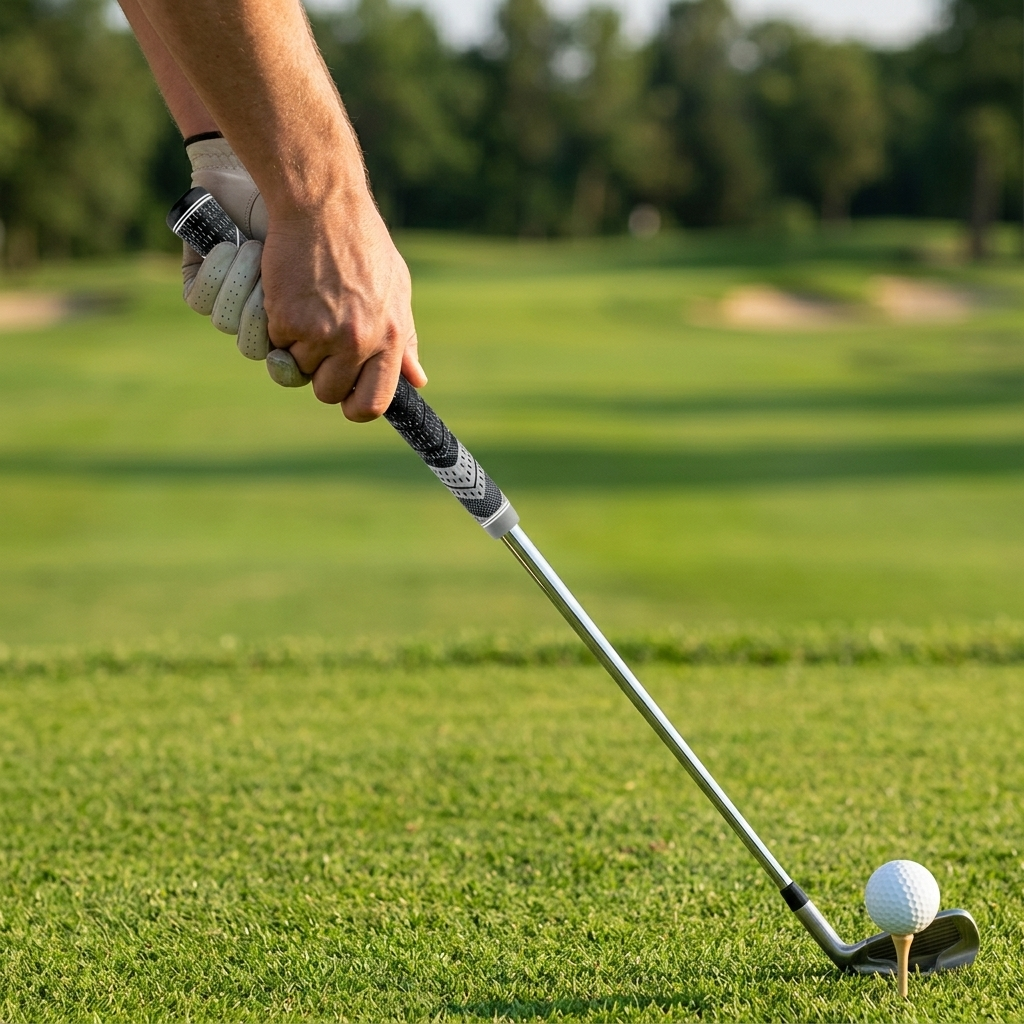 Golfer gripping a club fitted with a fresh grip on the tee
