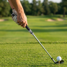Golfer gripping a club fitted with a fresh grip on the tee