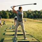 Golfer swinging a speed trainer on the range
