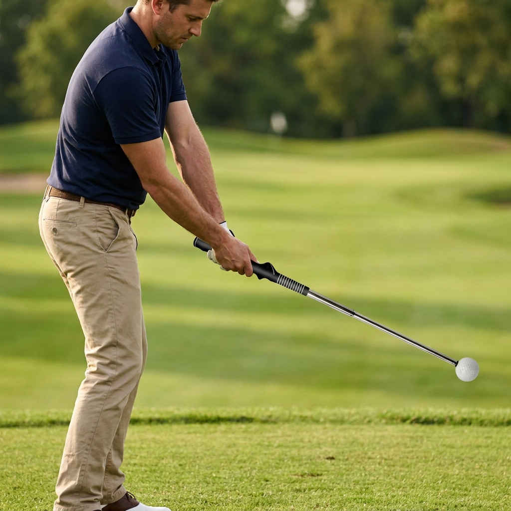 Golfer using a telescopic swing trainer on the tee