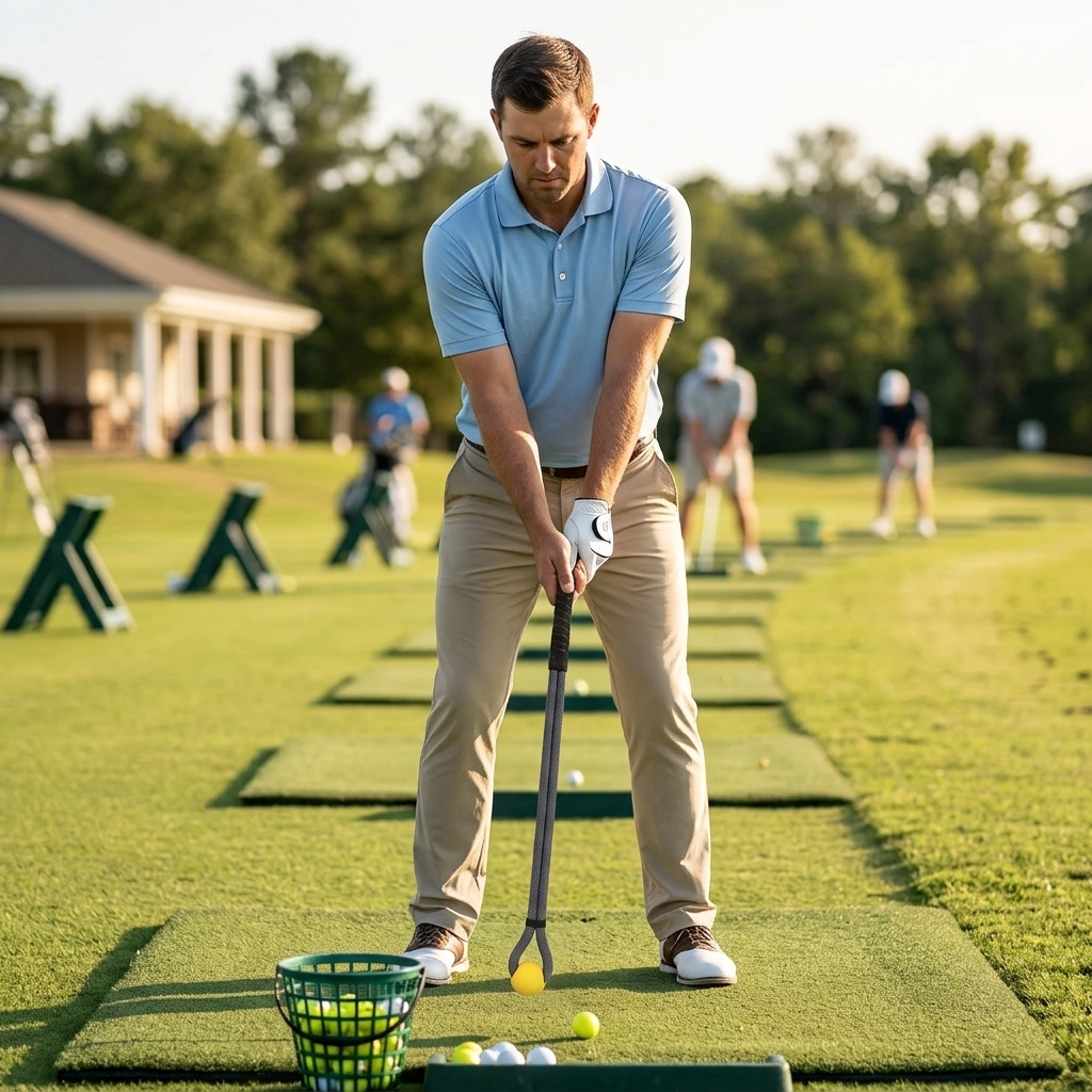 Golfer warming up with a weighted swing trainer