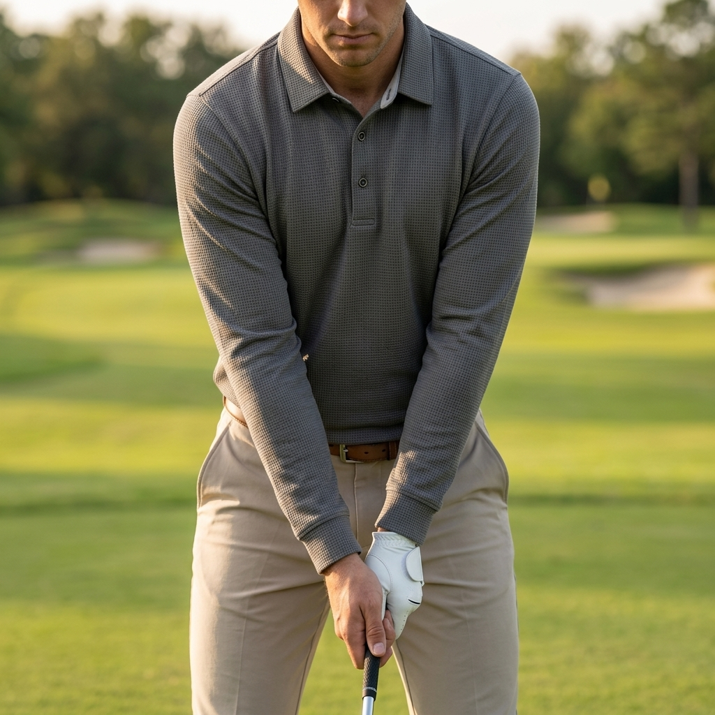 Golfer wearing a long-sleeve golf polo at address