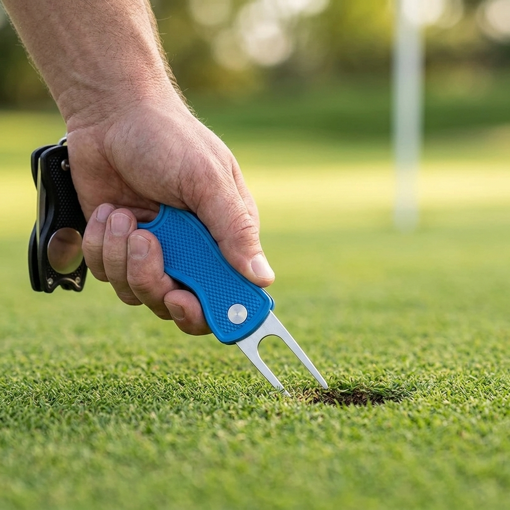 Hand repairing a pitch mark with a divot tool on the green