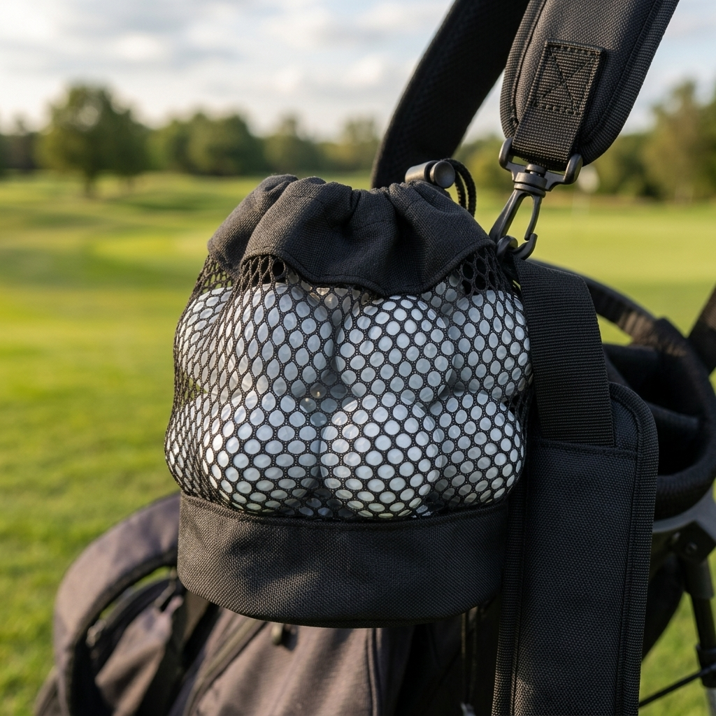 Mesh golf ball pouch clipped to a bag with golf balls