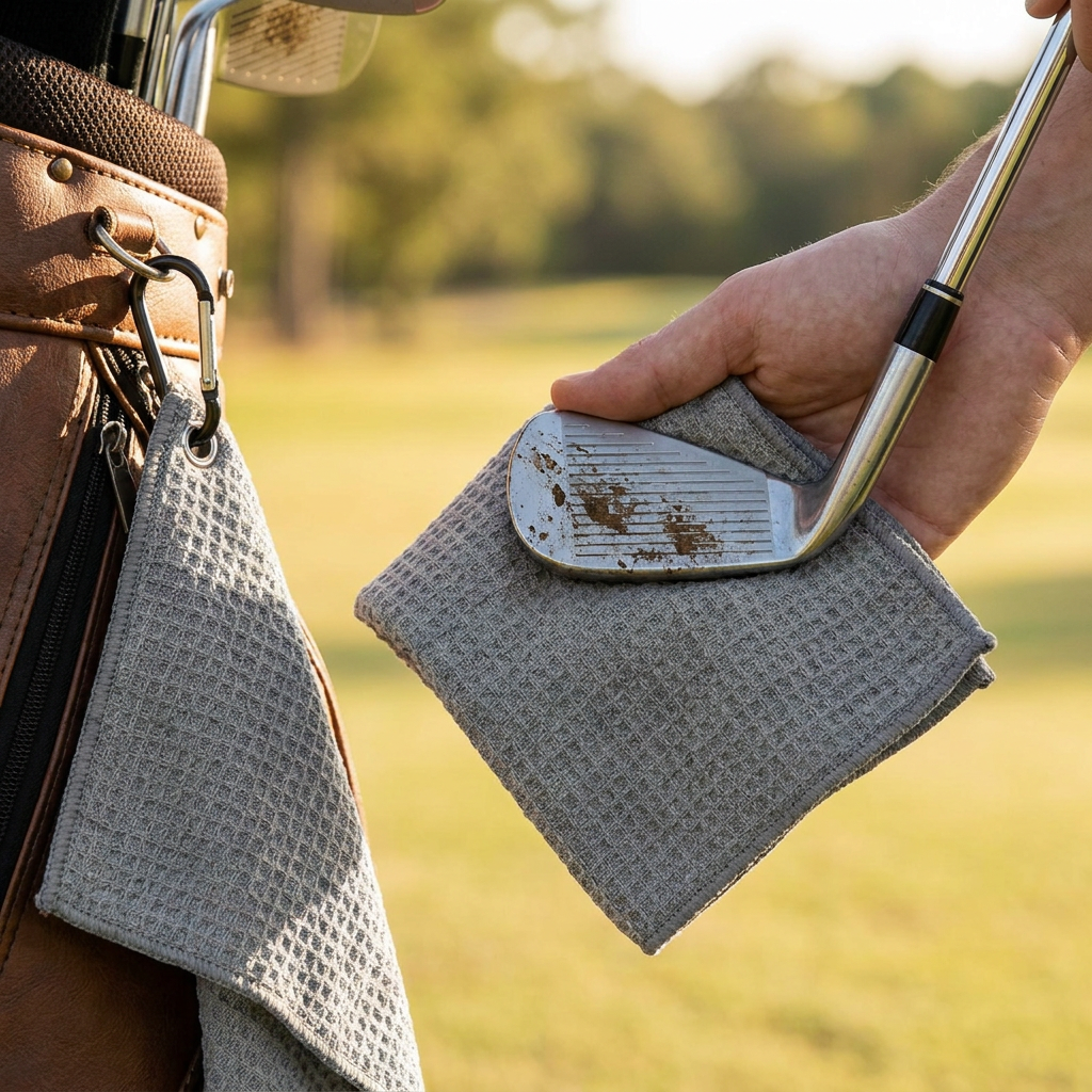 Microfibre golf towel clipped to a bag on the course