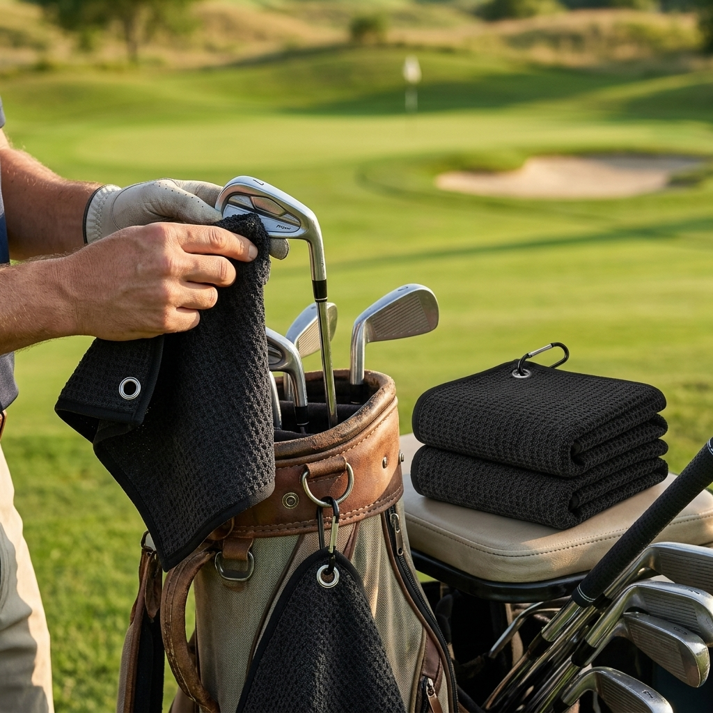 Microfibre golf towel clipped to a bag wiping a club