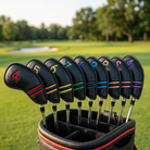 Numbered iron headcovers on irons in a bag on the course
