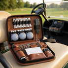 Open golf accessories organiser case on a golf cart