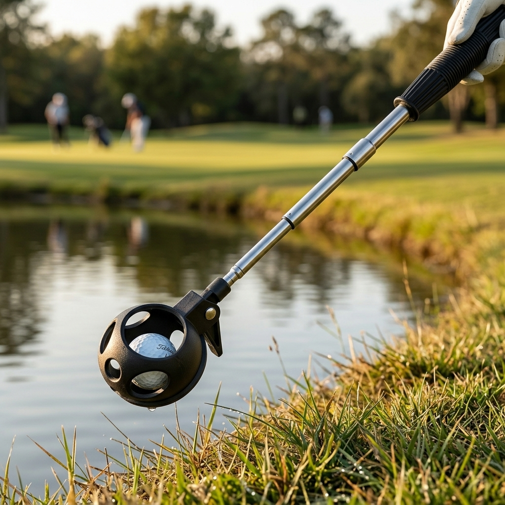 Telescopic retriever scooping a golf ball from water