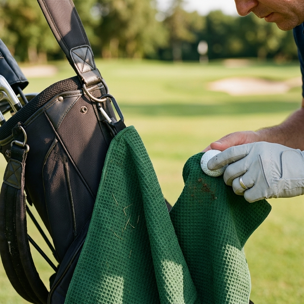 Waffle golf towel with carabiner used to clean a ball