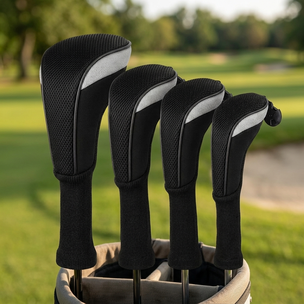 Wood headcovers on a driver and woods in a golf bag